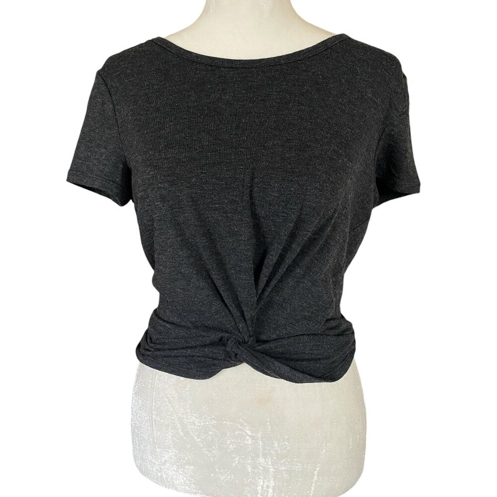 Women's black heather crewneck short sleeve stretchy soft tie front crop top